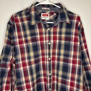 WRANGLER FLEX FOR COMFORT Button Up Shirt XL Stretch Red Blue Tan Plaid Pockets